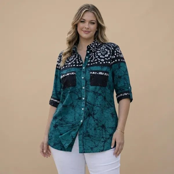 Teal_Printed_Button-Down_Tunic_Top_for_Women