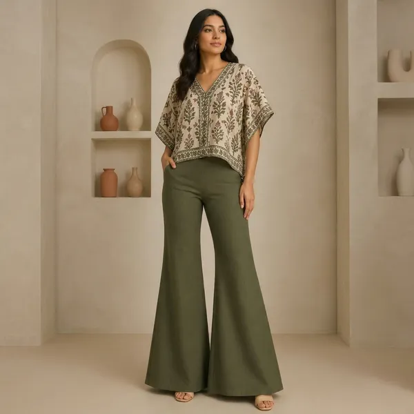 Beige_Printed_Cotton_Kaftan_Top_With_Olive_Green_Wide_Leg_Pants