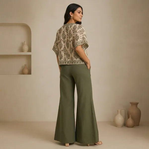 Beige_Printed_Cotton_Kaftan_Top_With_Olive_Green_Wide_Leg_Pants