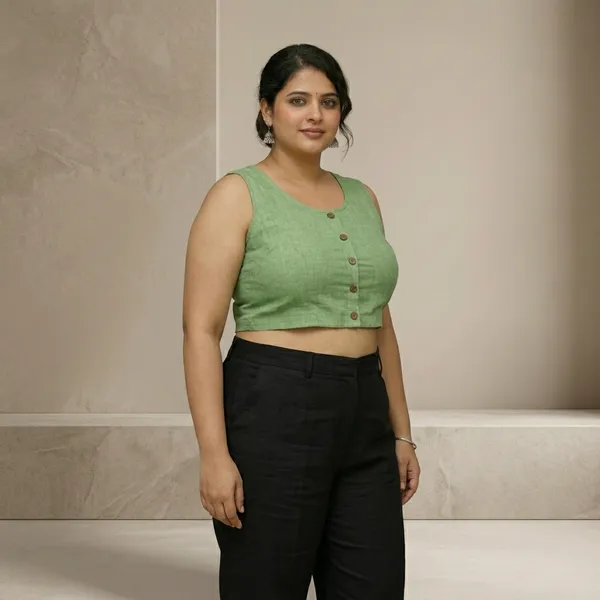 Green_pure_linen_Cotton_Sleeveless_Blouse_With_Button_Detail_For_Women