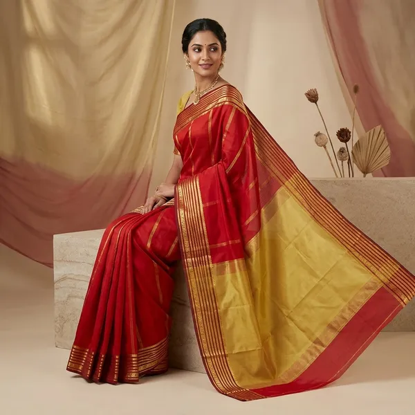 Olive_green_&Maroon_And_Gold_Mysore_crape_Silk_Traditional_Saree_With_Zari_Border