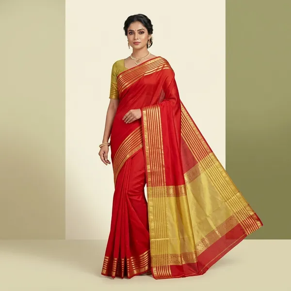 Olive_green_&Maroon_And_Gold_Mysore_crape_Silk_Traditional_Saree_With_Zari_Border