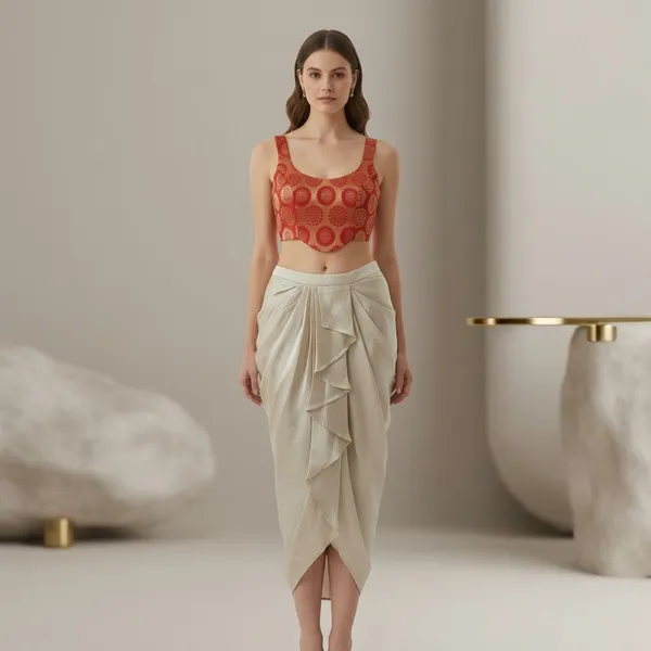 Beige_Silk_Dhoti_Skirt_With_Ruffled_Drape_For_Women