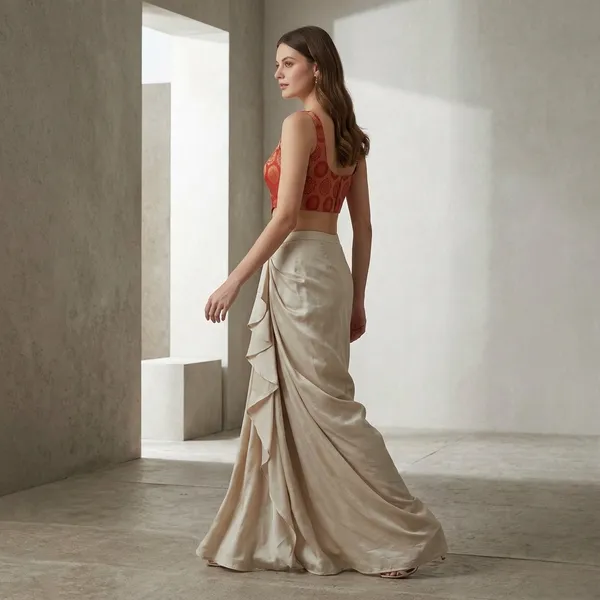 Beige_Silk_Dhoti_Skirt_With_Ruffled_Drape_For_Women