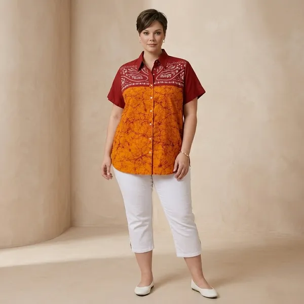 Red_And_Orange_Batik_Printed_Short_Sleeve_cotton_Shirt_For_Women