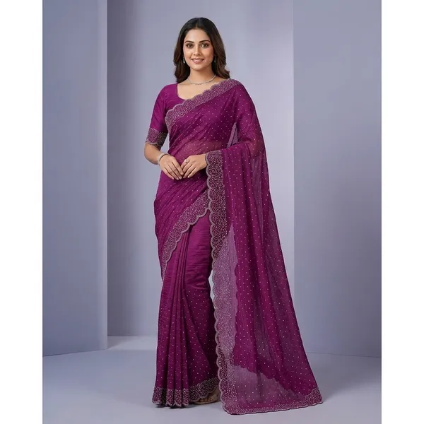 Megenta_Tissue_crape_Embellished_Scalloped_Saree_With_unstiched_Blouse