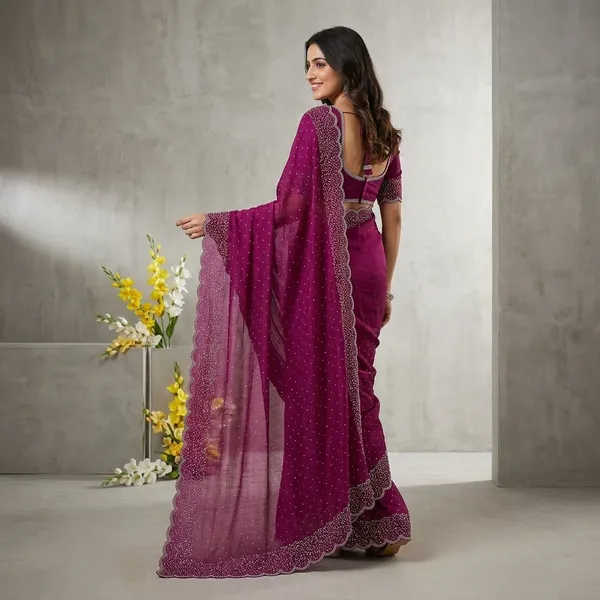 Megenta_Tissue_crape_Embellished_Scalloped_Saree_With_unstiched_Blouse
