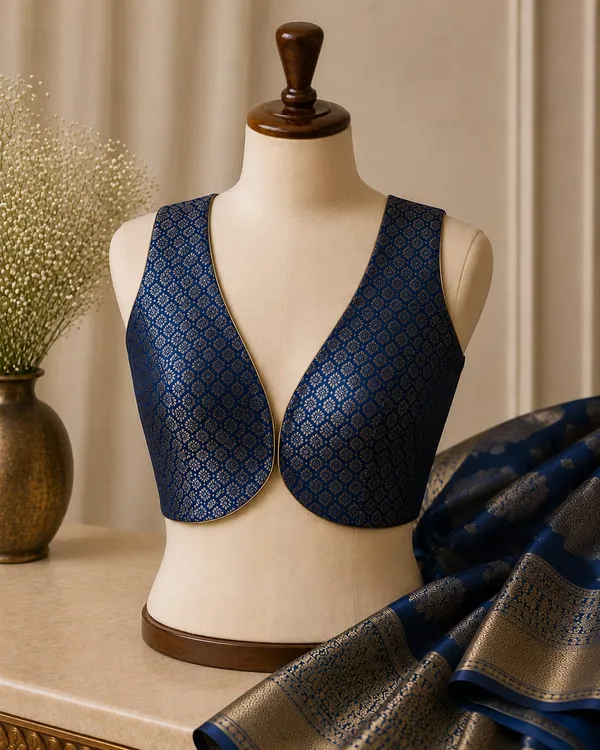 sabyasachi_cut_navy_blue_Brocade_blouse_with_sleeveless
