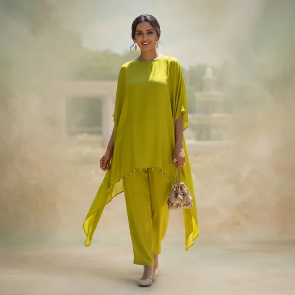 Lime_Green_Kaftan_Kurta_Set_With_Embellished_Hem_For_Women