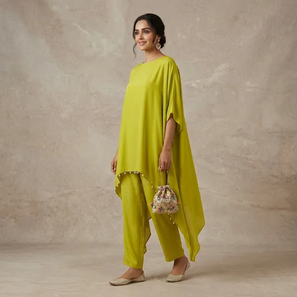 Lime_Green_Kaftan_Kurta_Set_With_Embellished_Hem_For_Women