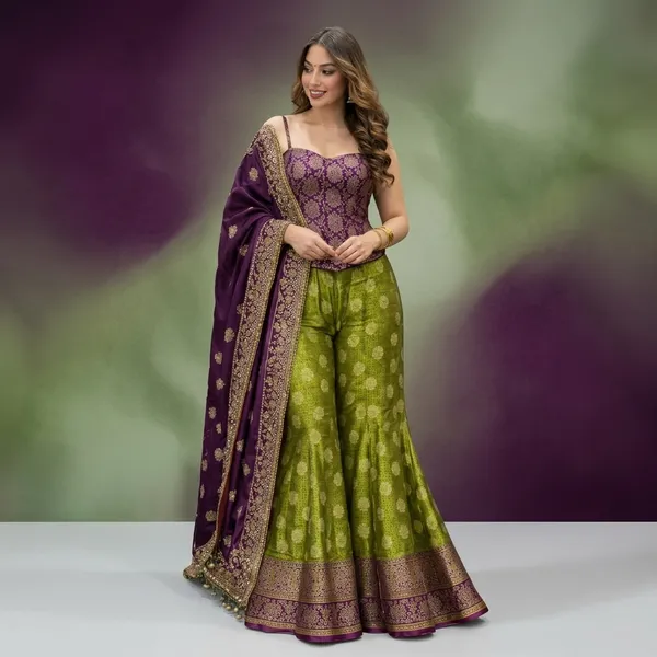 Purple_And_Green_Banarasi_Silk_Embroidered_sharara_Lehenga_Choli_Set