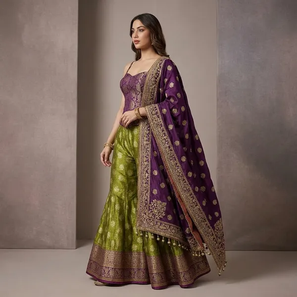 Purple_And_Green_Banarasi_Silk_Embroidered_sharara_Lehenga_Choli_Set