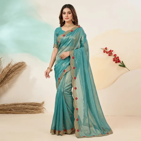 Turquoise_Organza_Zari_Border_Saree_scallop_border