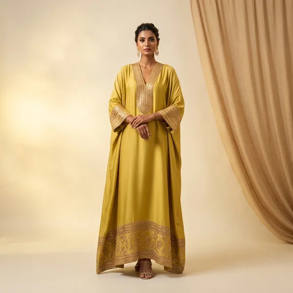Yellow_Silk_Embroidered_Kaftan_for_Women