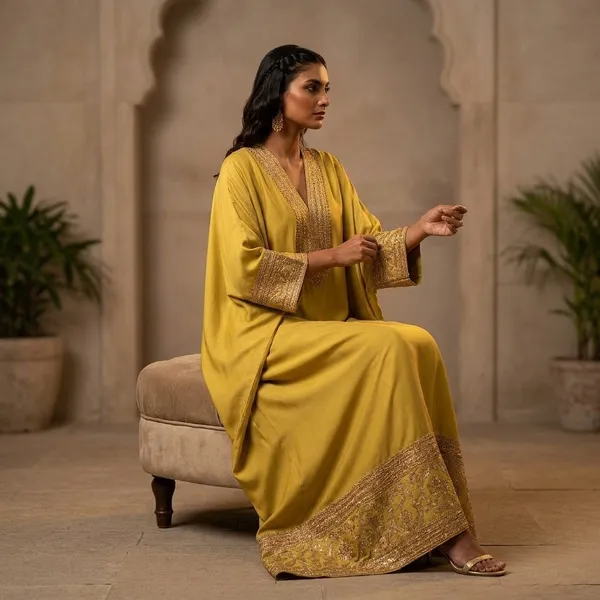 Yellow_Silk_Embroidered_Kaftan_for_Women