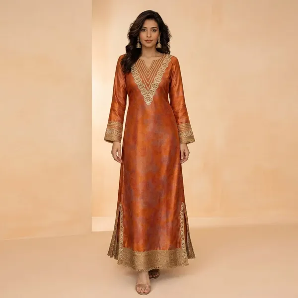 Orange_Silk_Embroidered_V-Neck_Aline_long_Kaftan_Dress_for_Women