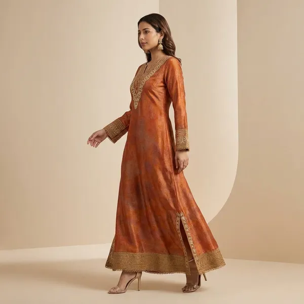 Orange_Silk_Embroidered_V-Neck_Aline_long_Kaftan_Dress_for_Women