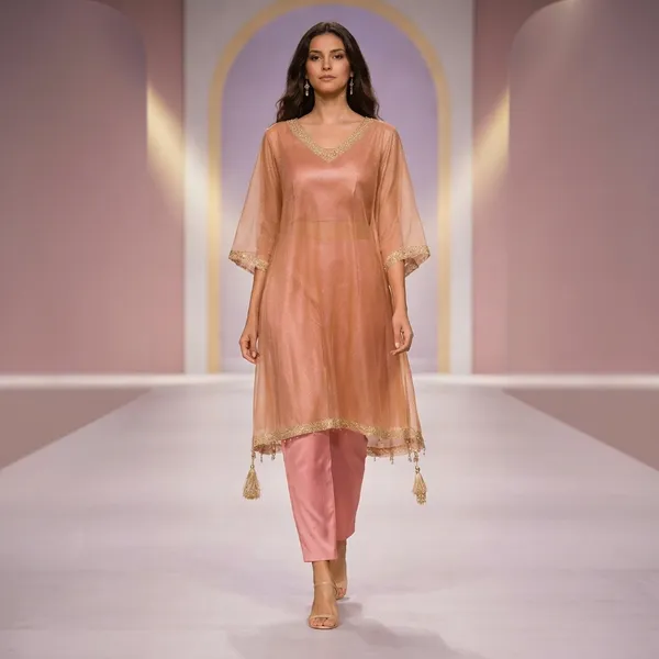 Peach_glass_tissue_Silk_Embellished_3_pc_kaftan_with_Pink_art_silk_Pants_for_Women