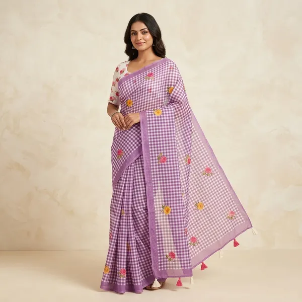 Purple_Gingham_Check_printedCotton_Saree_with_Floral_Motif_print