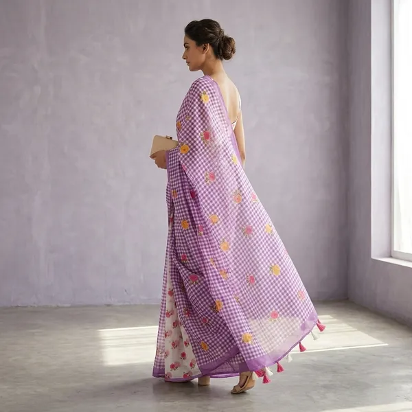 Purple_Gingham_Check_printedCotton_Saree_with_Floral_Motif_print