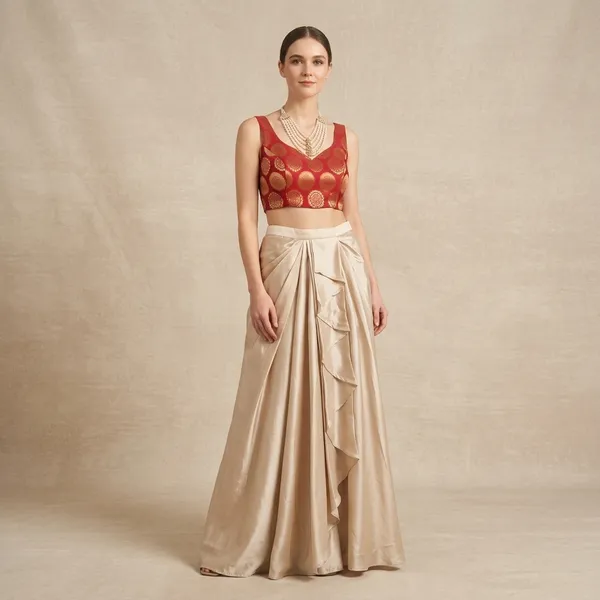 Red_Embellished_Corset_Top_With_Beige_Draped_Skirt_Set