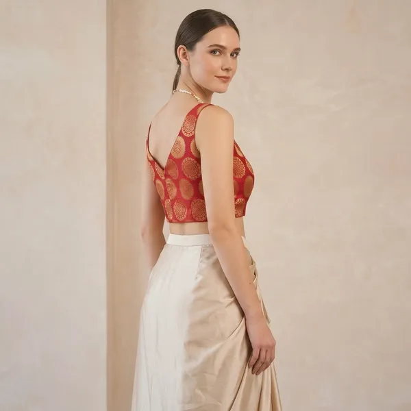 Red_Embellished_Corset_Top_With_Beige_Draped_Skirt_Set