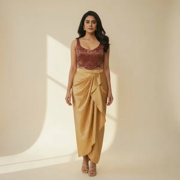 Rust_Embroidered_Crop_Top_with_Gold_Draped_Skirt_Set_for_Women