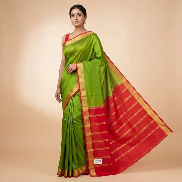 Green_And_Red_Pure_mysore_crape_Saree_With_Golden_Zari_Border