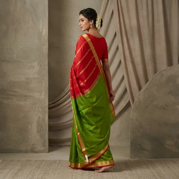 Green_And_Red_Pure_mysore_crape_Saree_With_Golden_Zari_Border