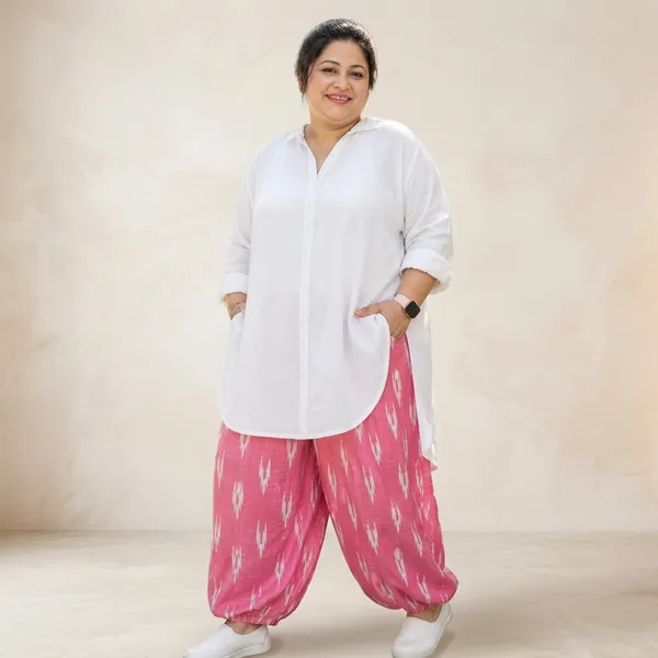 White_Cotton_Kurta_With_Pink_Ikat_Patiala_Set_For_Women