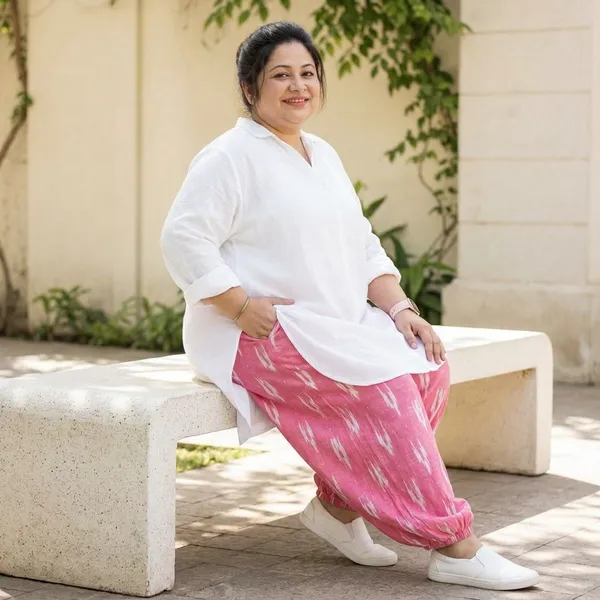 White_Cotton_Kurta_With_Pink_Ikat_Patiala_Set_For_Women