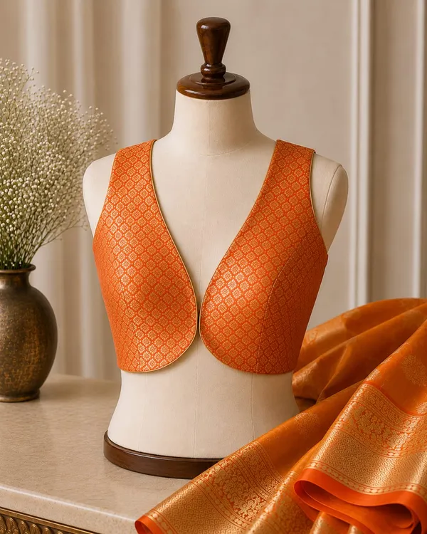 sabyasachi_cut_orange_Brocade_blouse_with_sleeveless