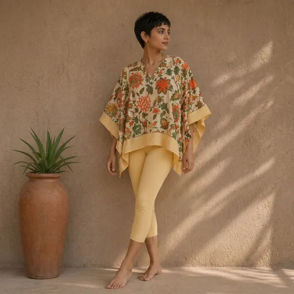 Beige_Floral_Print_Oversized_Poncho_Top_for_Women