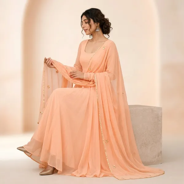 Peach_Georgette_Flared_Anarkali_long_Kurta_for_Women