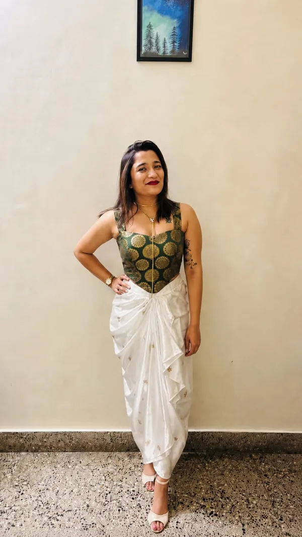 white_embellished_Green_Satin_Draped_Skirt_with_dark_green_Brocade_Crop_Top_Set