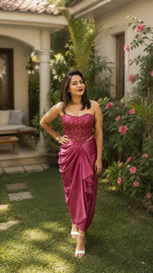 Megenta_Pink__Satin_Draped_Skirt_with_Megenta_and_gold_Brocade_Crop_Top_Set