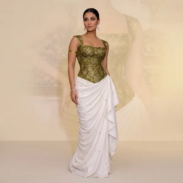 Olive_Green_Brocade_Corset_Top_With_White_Draped_Skirt