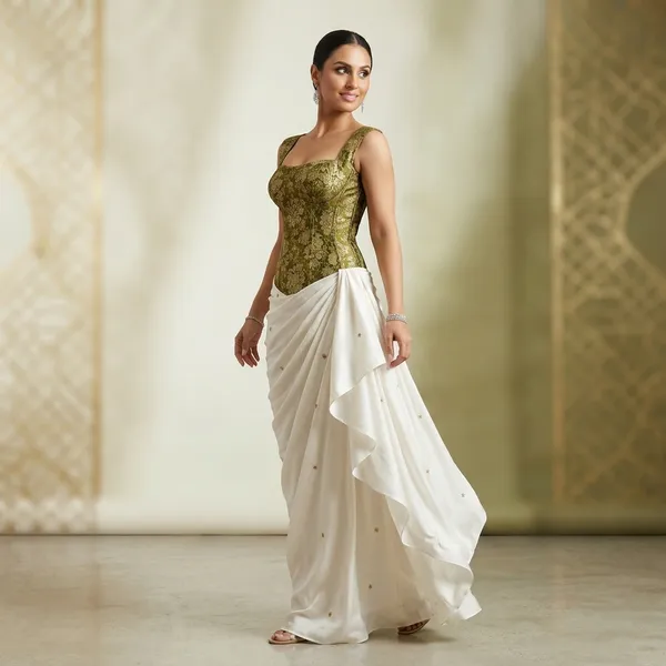Olive_Green_Brocade_Corset_Top_With_White_Draped_Skirt