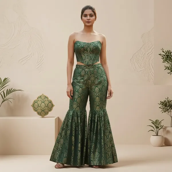 Green_Brocade_Strapless_Crop_Top_And_Flared_Pants_Set_for_Women