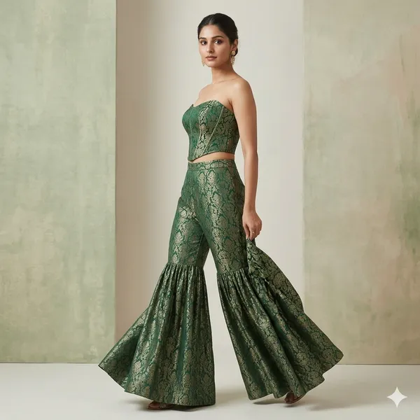 Green_Brocade_Strapless_Crop_Top_And_Flared_Pants_Set_for_Women
