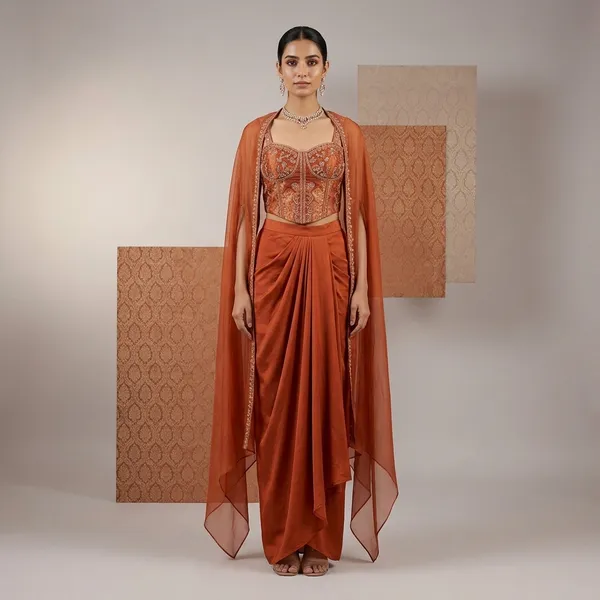 Rust_orange_brocade_corset_Set_with_Drape_skirt_and_tissue_cape_for_Women