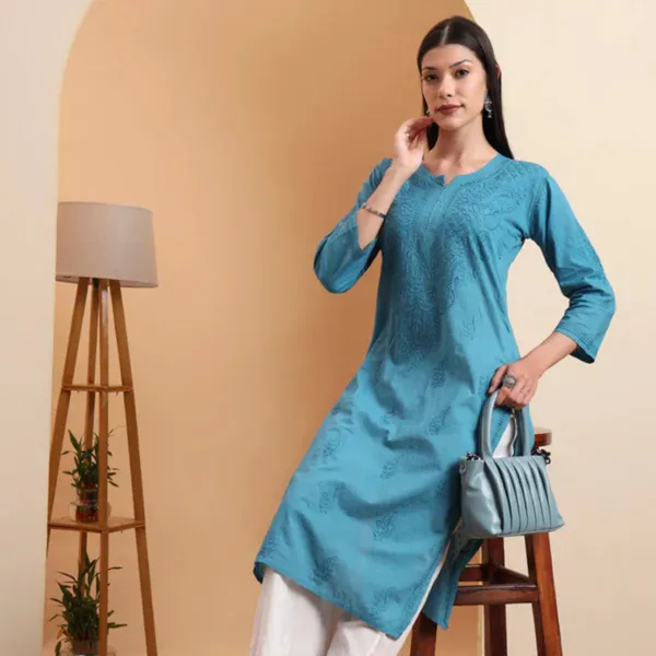 Teal_Blue_Mulmul_Cotton_Straight_Kurta_For_Women