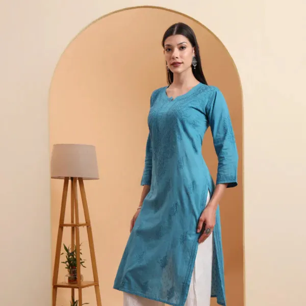 Teal_Blue_Mulmul_Cotton_Straight_Kurta_For_Women