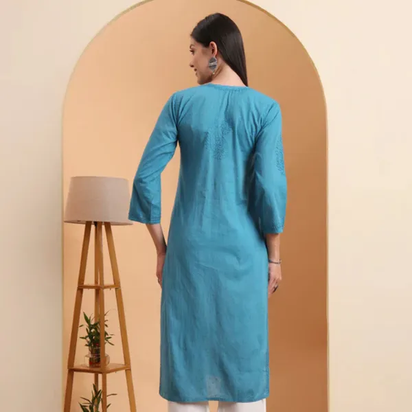 Teal_Blue_Mulmul_Cotton_Straight_Kurta_For_Women