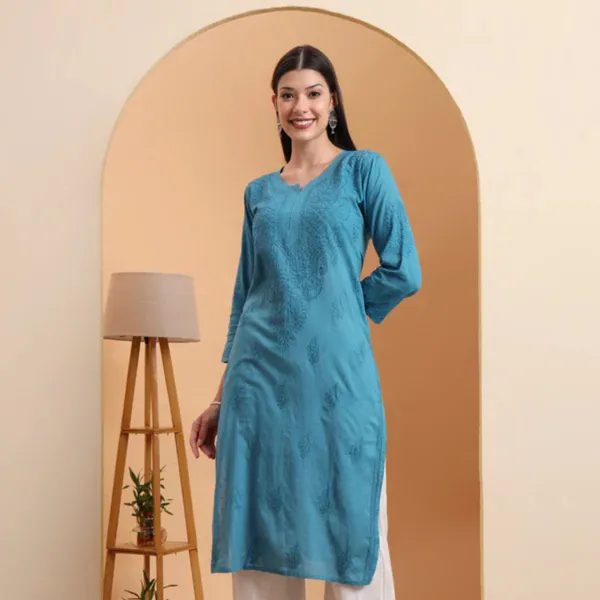 Teal_Blue_Mulmul_Cotton_Straight_Kurta_For_Women