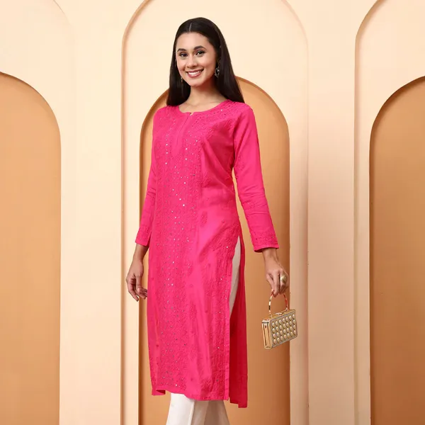 Pink_Chanderi_Chikankari_Three-Quarter_Sleeve_Kurta_For_Women