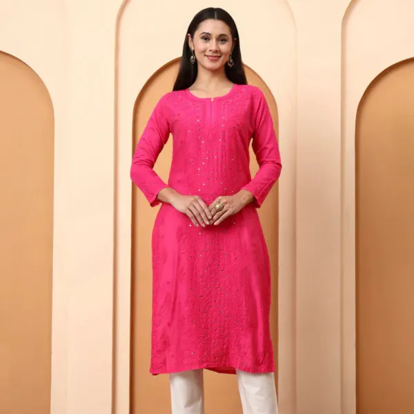 Pink_Chanderi_Chikankari_Three-Quarter_Sleeve_Kurta_For_Women