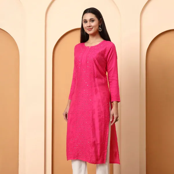 Pink_Chanderi_Chikankari_Three-Quarter_Sleeve_Kurta_For_Women