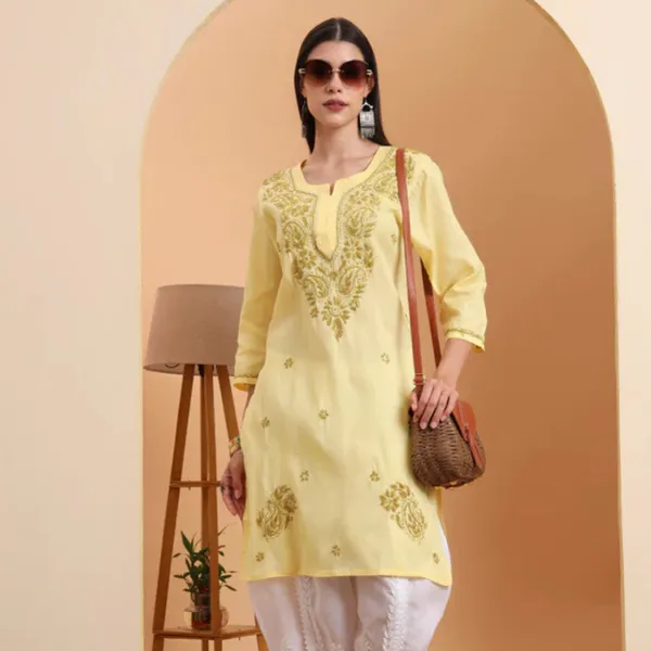 Yellow_Khadi_Cotton_Chikankari_Kurta_For_Women
