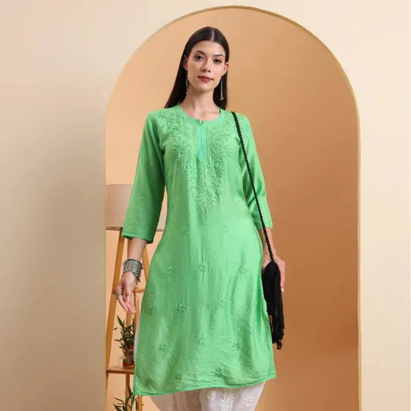 Green_Chanderi_Chikankari_Kurta_For_Women